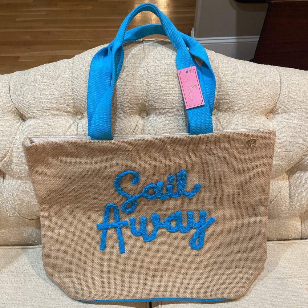 New‎ Simply Southern Sail Away Large Jute Tote Bag For Beach Pool Teal Cute Bag